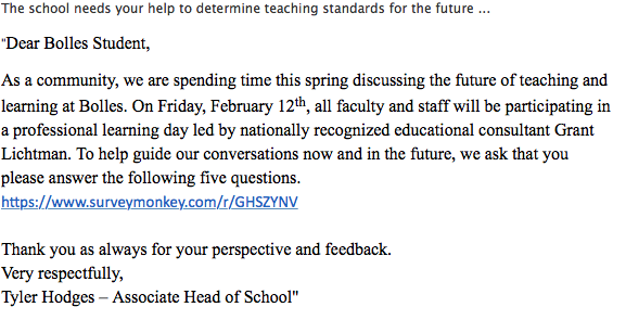 Above: A notification from Hodges about a survey for a professional development day on February 12.