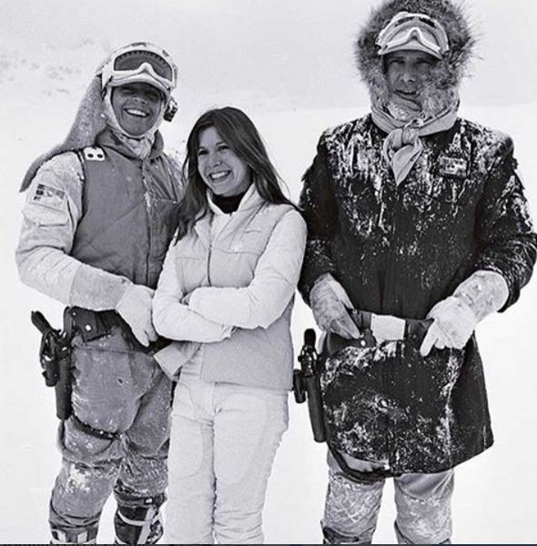 Carrie Fisher, Harrison Ford, an Mark Hamill on the set of Hoth.