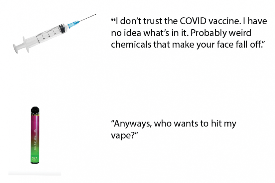 The rushed COVID vaccine caused much skepticism among members of both political parties. While I understand the fear, there are far worse things that people put in their bodies, such as vapes. As many of us know, vaping devices have toxic chemicals such as toluene (causes headaches), nickel (causes cancer), formaldehyde (causes cancer), and many more. I thought using the vape would make the message stronger, as compared to using a Big Mac. 