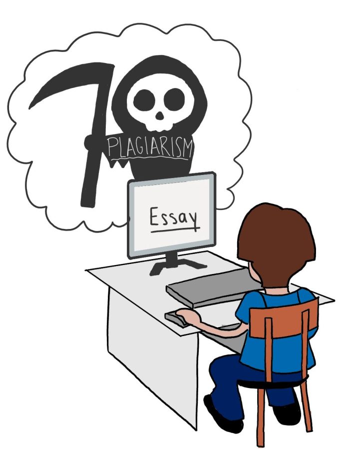 Students get the plagiarism talk every year. They are adamantly warned about the consequences, such as going to Honor Court and failing the assignment. Many students are afraid of accidental plagiarism and constantly question if they are plagiarizing while completing an assignment. In this cartoon, the student is writing an essay with the Grim Reaper looming behind his computer. The Grim Reaper is labeled plagiarism to symbolize every students fear of plagiarism. 