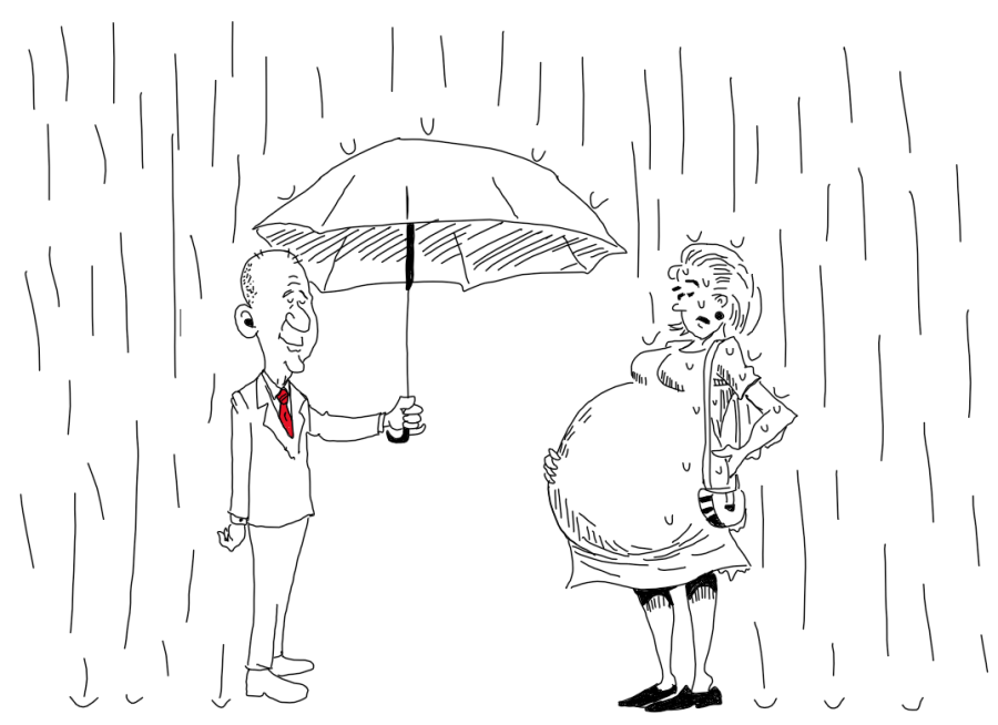 This cartoon depicts a politician holding an umbrella over himself and a womans pregnant stomach while the majority of the womans body is soaked. This cartoon illustrates the flaws in pro-life arguments such as their tendenancies to focus solely on he baby while ignoring the health and safety of the mother. The womans situation, such as the manner in which she became pregnant or who will support the childafter birth is ignored continually, according to the New York Times. 