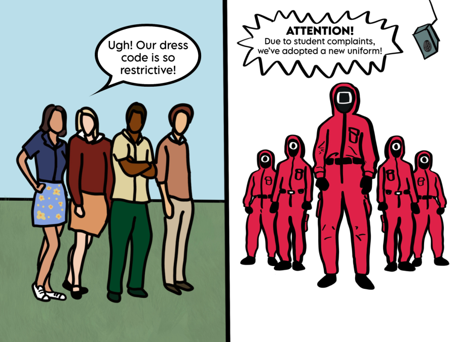 One of the largest complaints of high school students is the dress code, and this cartoon criticizes student objections by comparing the Bolles dress code to uniforms in the show Squid Game. Uniforms intentionally create a standard of dress that lacks any form of expression, while dress codes, especially Bolles’, still give students the freedom to choose clothes that they find more comfortable, stylish, and suitable. So, dress codes arent all that bad, and people should stop complaining when we might find this dystopian alternative way more restrictive.