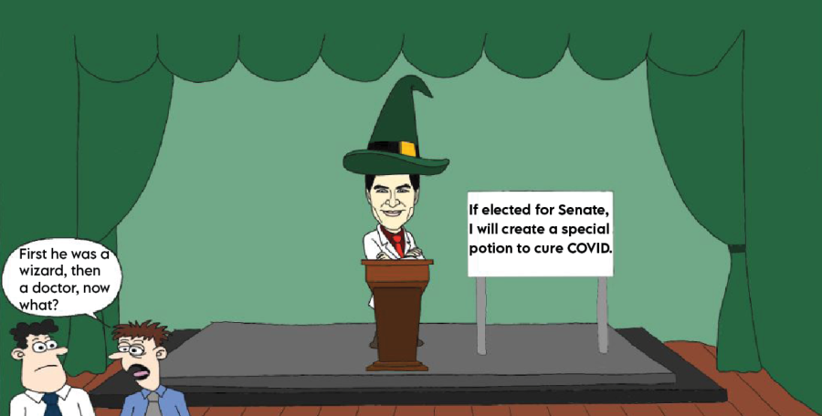 The man standing on the stage is a cartoon drawing of Dr.Oz, who has announced that he will be running as a Republican for the Pennsylvania Senate. The cartoon is a play on the fact that Dr.Oz has the same name as the Wizard from the Wizard of Oz. The two characters at the bottom left of the cartoon are discussing Dr.Ozs Senate campaign, when one of them remarks that he has been a wizard and a doctor, and wonders what hell do next. 