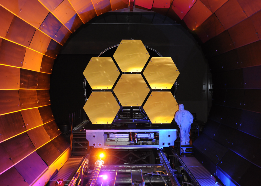 An image of the mirrors on the James Webb Space Telescope undergoing cryogenic testing in an absolute zero chamber.