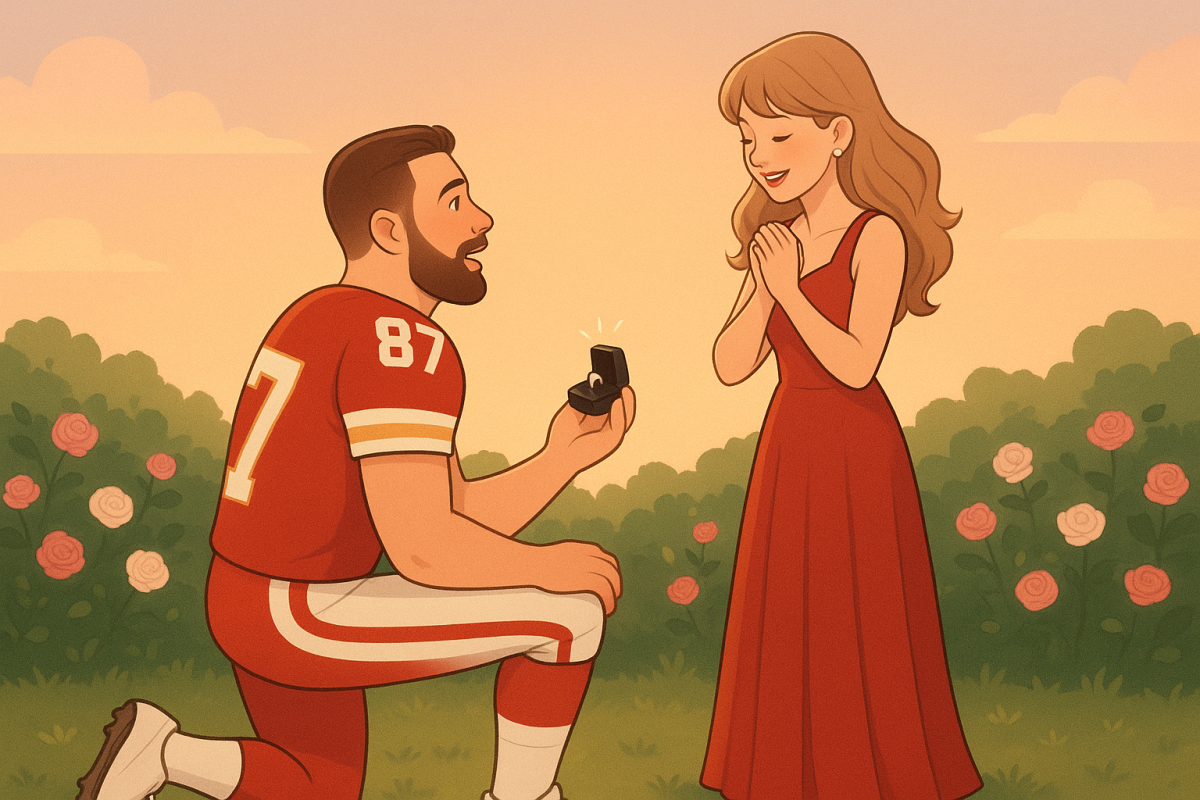 Travis Kelce proposes to Taylor Swift with a diamond ring

Credit: ChatGPT "cartoon Travis Kelce proposing to Taylor Swift."