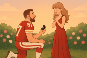 Travis Kelce proposes to Taylor Swift with a diamond ring

Credit: ChatGPT "cartoon Travis Kelce proposing to Taylor Swift."