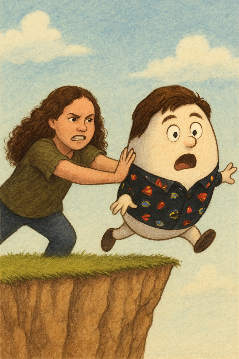 ai generated photo of Ellie Stuart pushing Tristan Schneider off a cliff